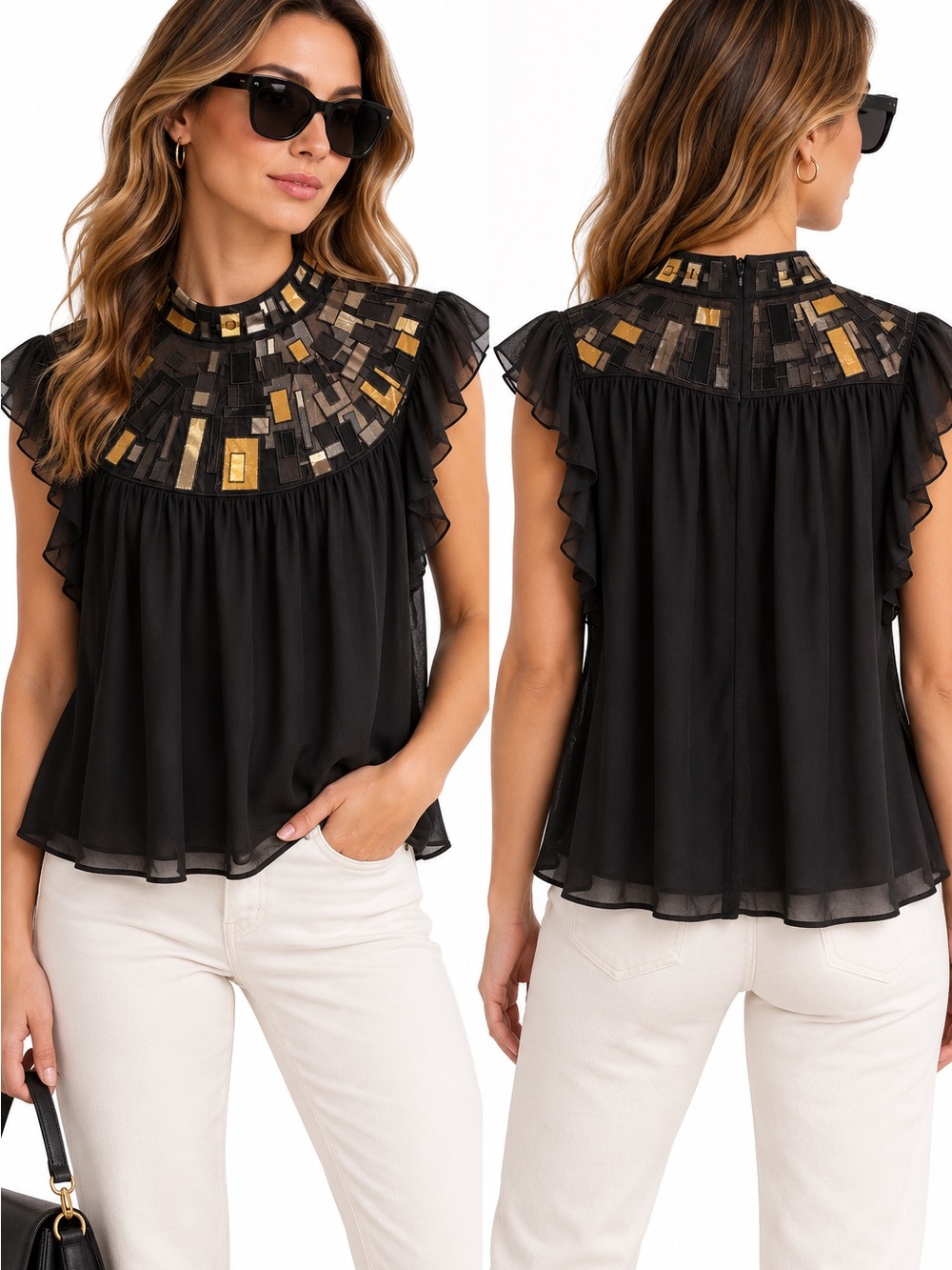 Catherine Malandrino Black Chiffon Embellished Yoke Flutter Top